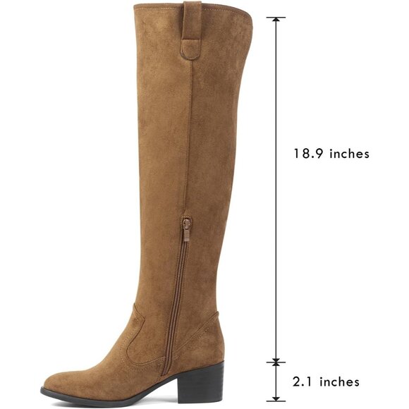 Women's Tan Faux Suede Over The Knee Thigh High Chunky Heel Pointed Toe Boots - Picture 2 of 6